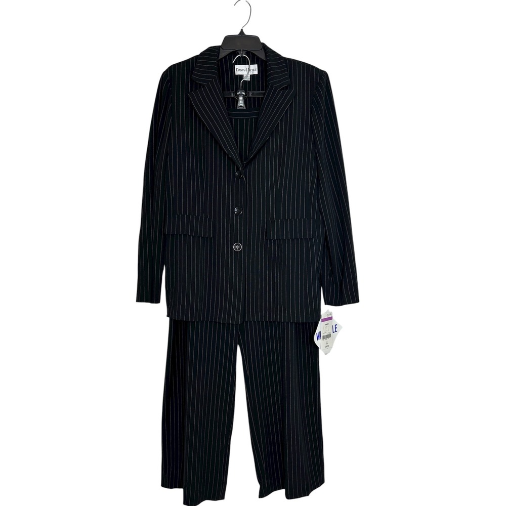 Danny & Nicole Black Pinstripe 3 Buttons Jacket Straight Leg Pants Set 14 Preppy
